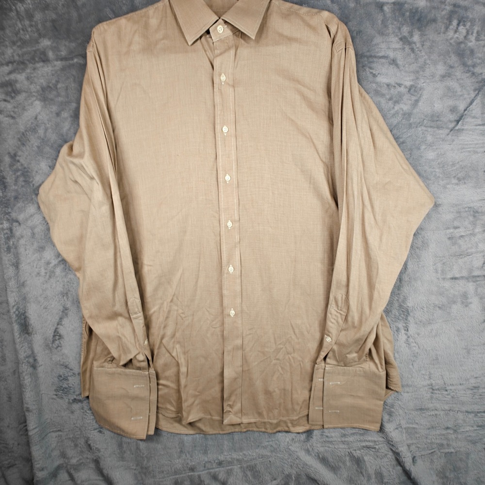 Polo Ralph Lauren Curham Tan Micro Check French Cuff Cotton Dress Shirt 17.5 35
